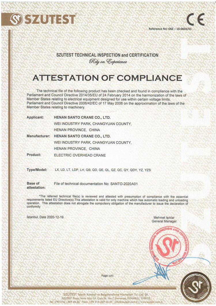 Chine HENAN SANTO CRANE CO.,LTD Certifications